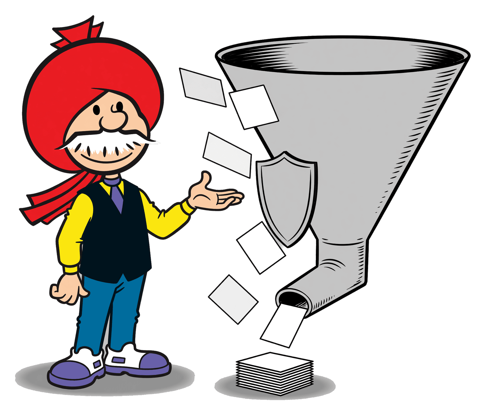 Illustrated guide tossing question cards toward a large shielded funnel, standing in for public submissions passing through a one-way screening pipeline